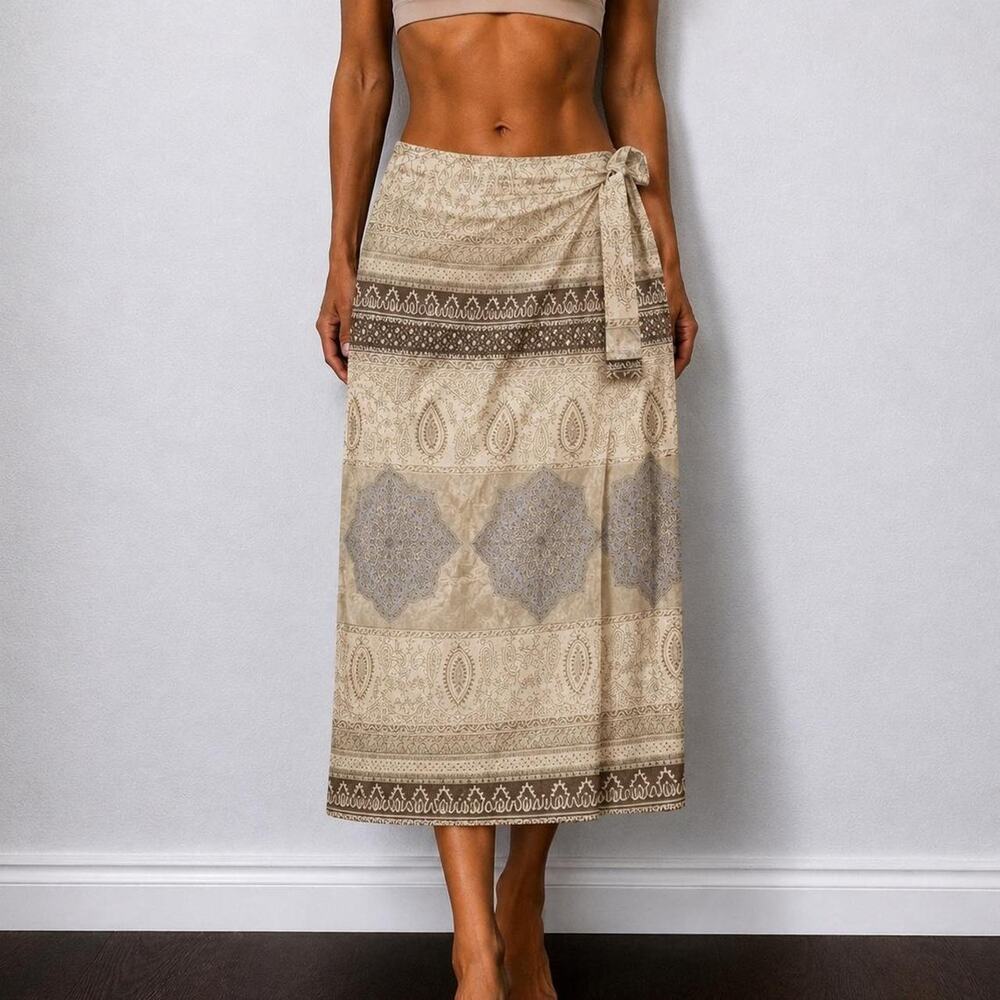90s Italian FINITY Boho 100% Silk Earthy Paisley Maxi Wrap Skirt Size 6 XS/S